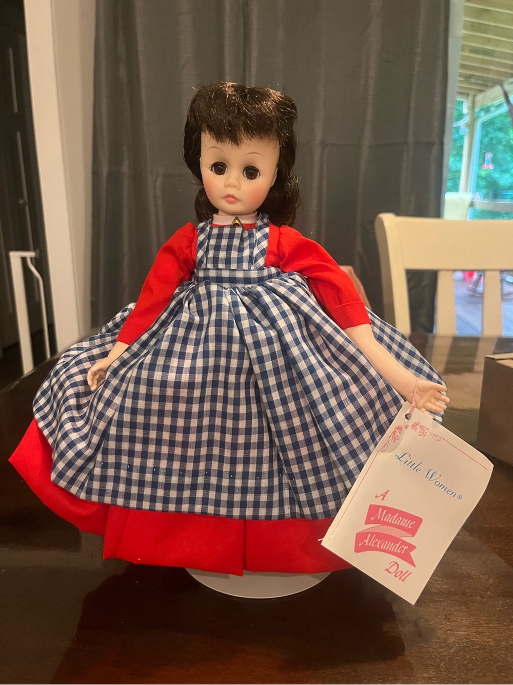 Madame Alexander Doll in Red Dress with Blue Gingham Pinafore